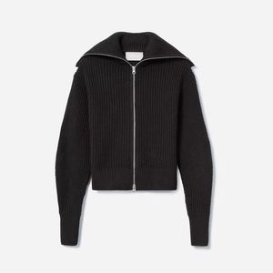 Everlane Chunky Ribbed Zip Cardigan Oversized Collar Organic Cotton in Black